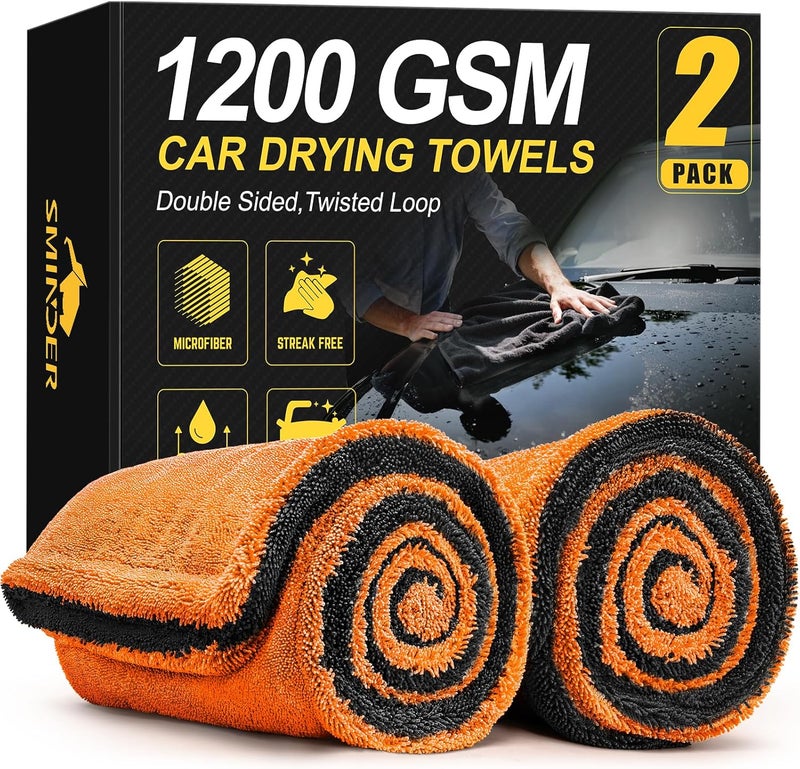 SMINDER 2-Pack 1200 GSM Car Drying Towels – Microfiber Towels for Cars (36" x 24"), Ultra-Absorbent, Streak-Free, Scratch-Free, No Water Spots, Double-Twist Pile & Edgeless Design(Orange) - Image 1